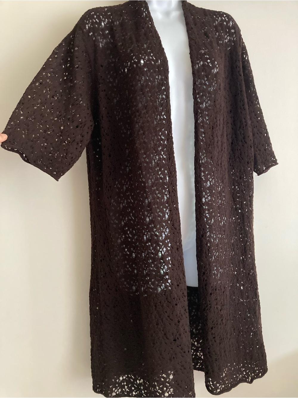 Eileen Fisher Chocolate Brown 100% Wool Airy Open Knit Duster Style Cardigan, XL